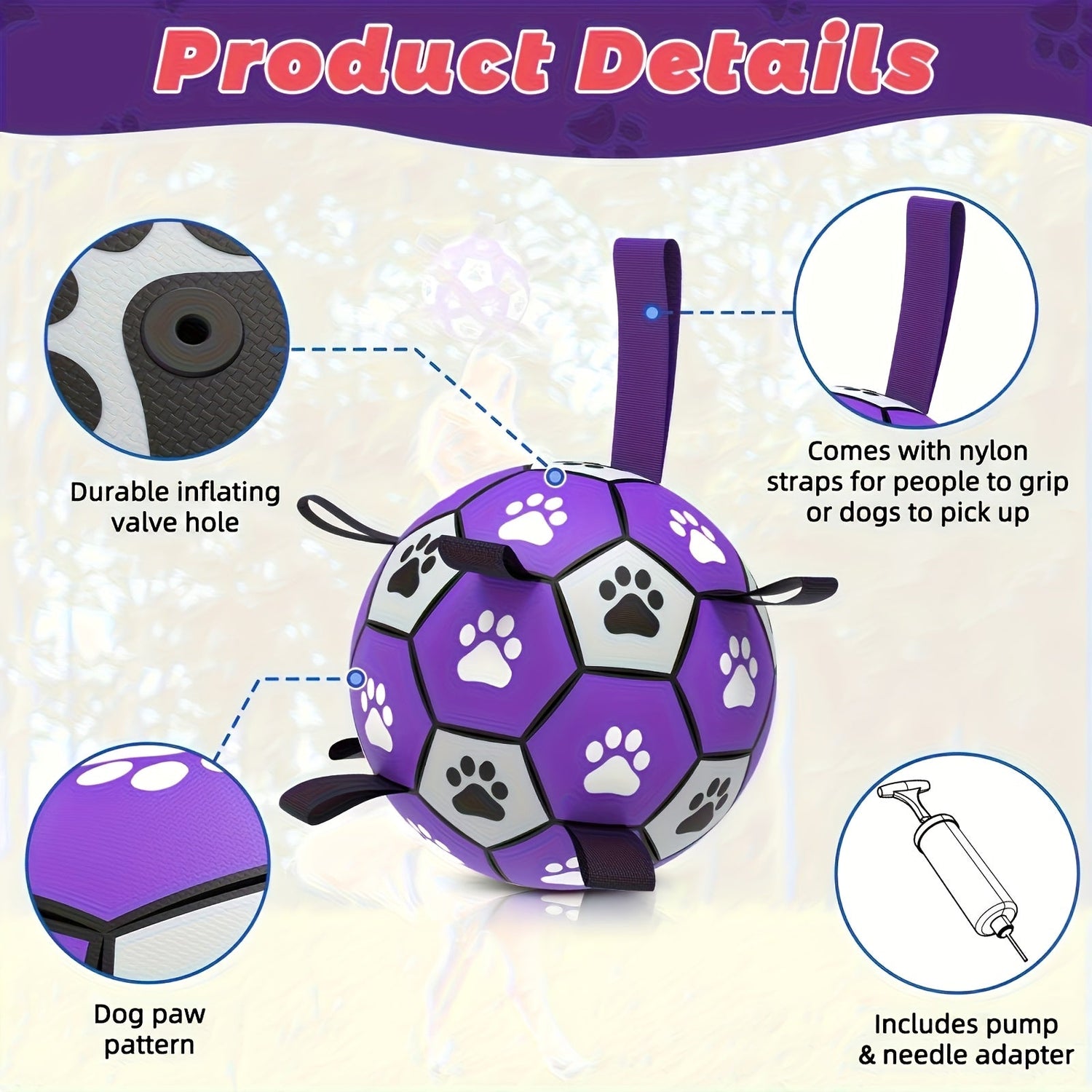 Interactive Dog Soccer Ball Toy – Durable Rubber Training Ball with Tug Straps
