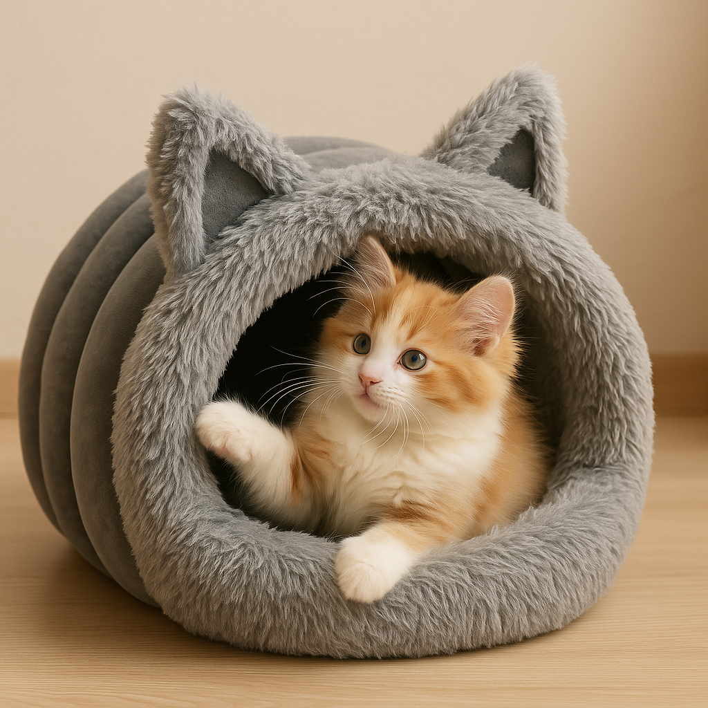 CozyCat Ear Bed | Fluffy Semi-Enclosed Cat Cave with Plush Cushion