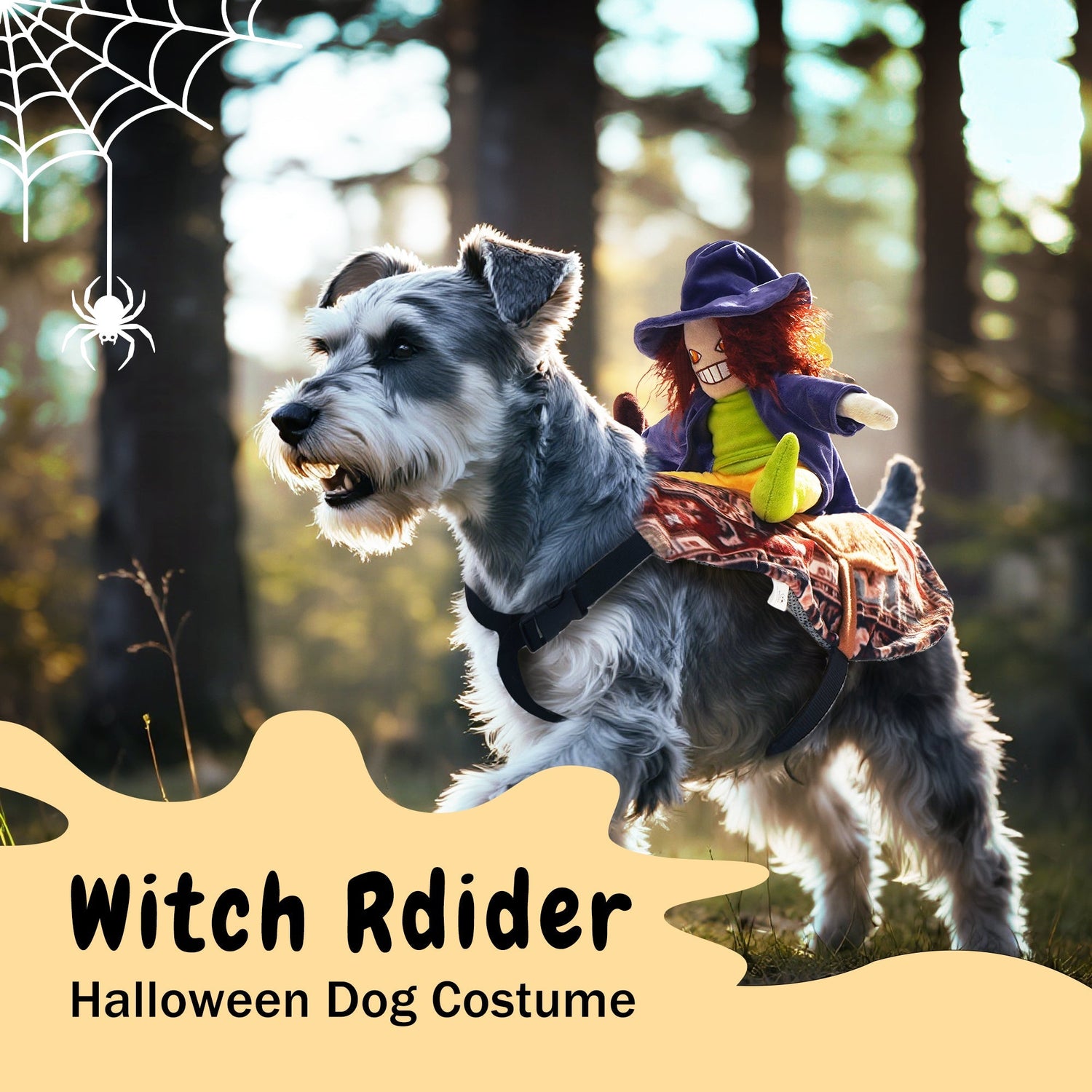Witch Riding Dog Halloween Costume – Funny LED Pet Costume with Harness