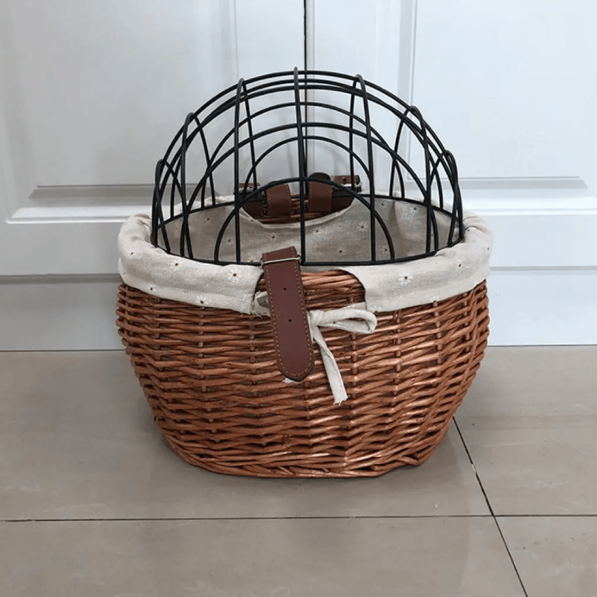 Front Dog Bike Basket | Handwoven Rattan Pet Carrier with Safety Lid