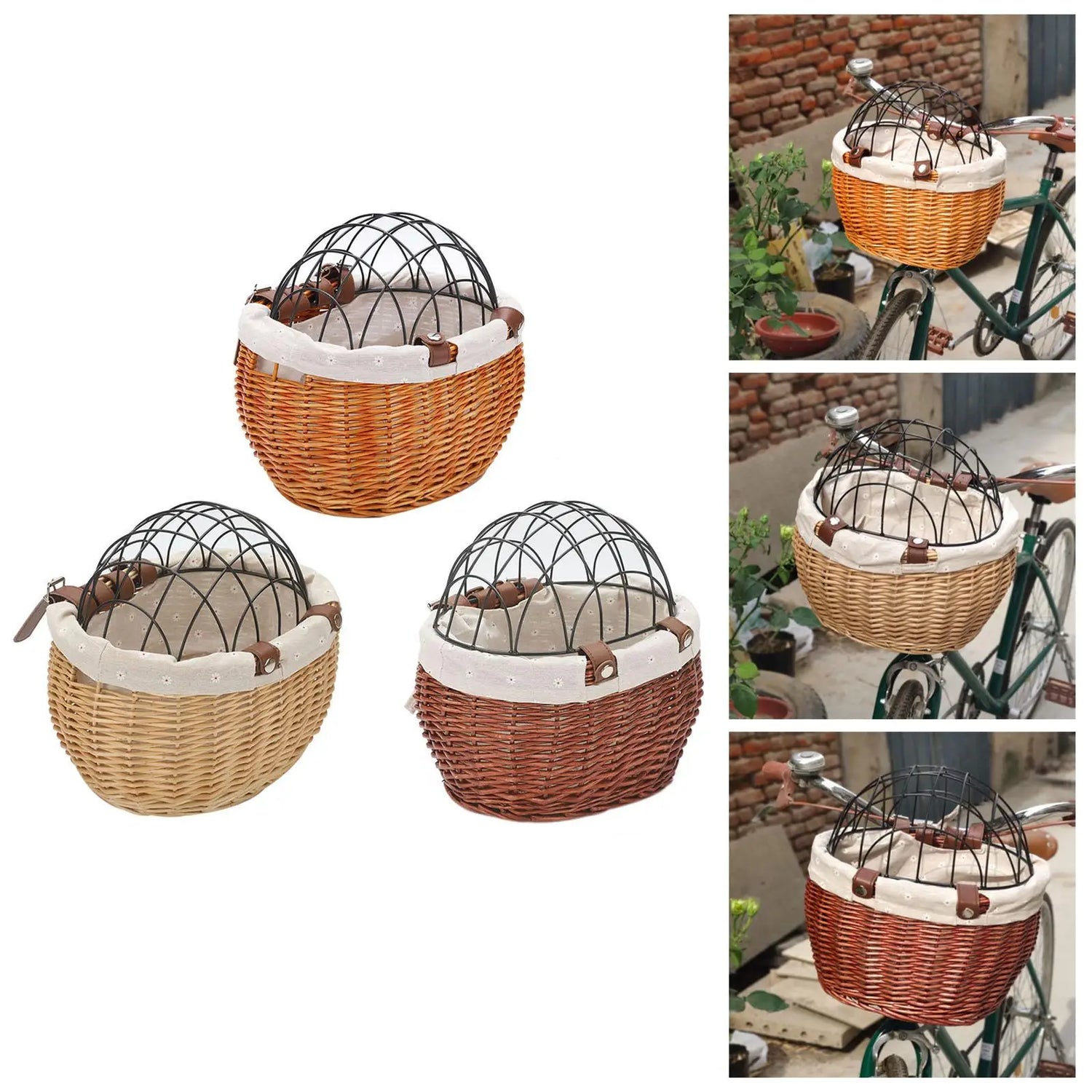 Front Dog Bike Basket | Handwoven Rattan Pet Carrier with Safety Lid