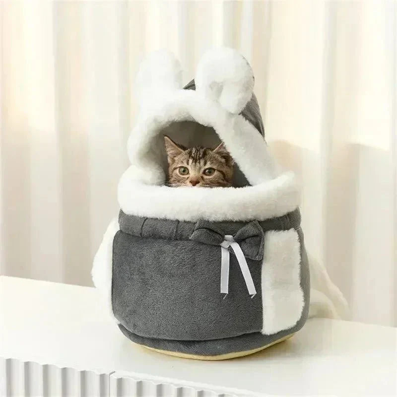Charming Cat Plush Carrier | Foldable Velvet Travel Bag for Cats