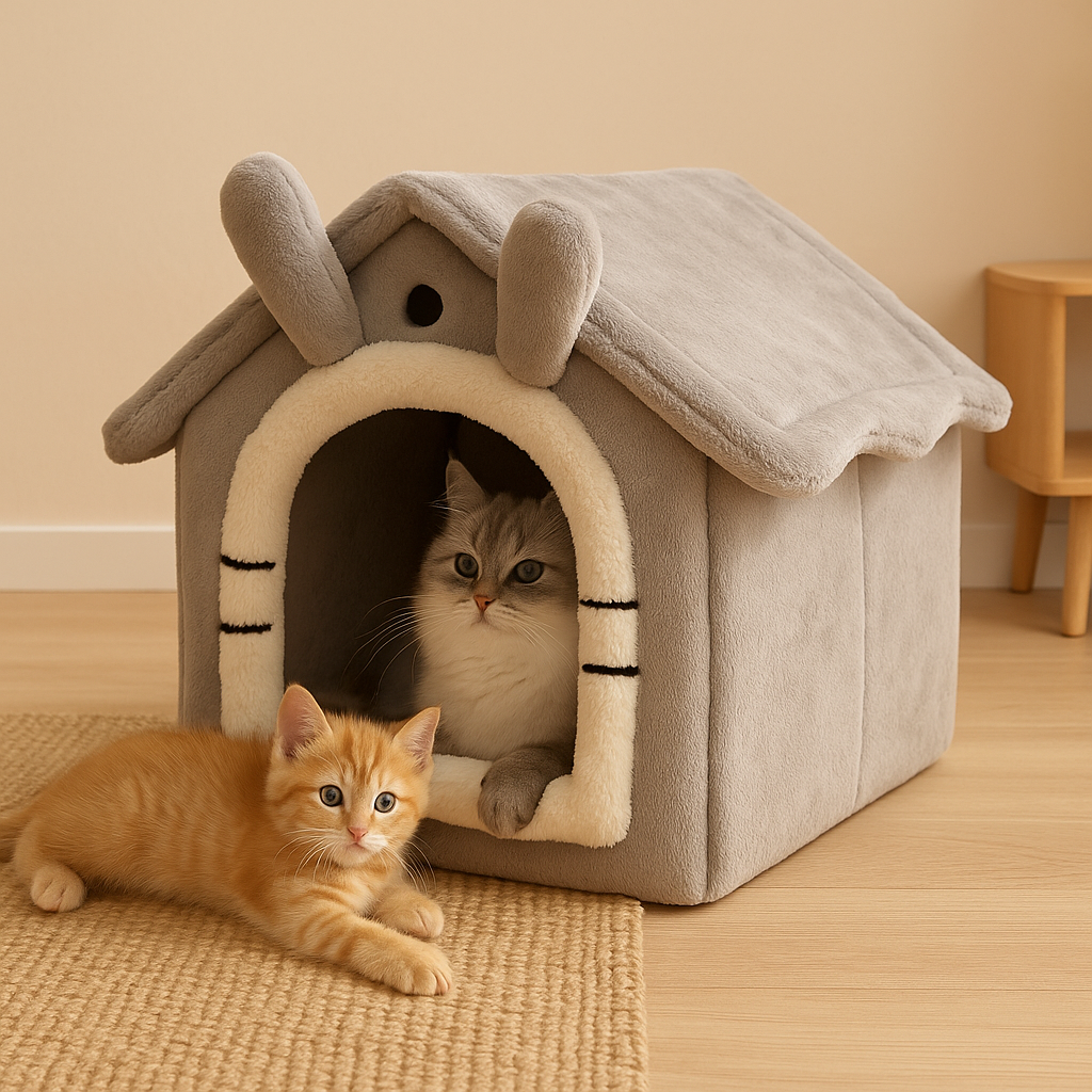 CozyCat Flannel House | Warm Indoor Cat Bed with Soft Cushion & Foldable Design