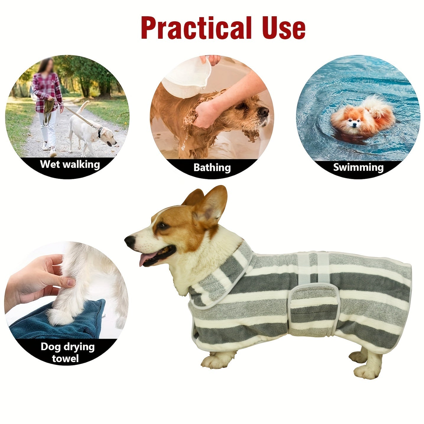 Quick Dry Dog Bathrobe Towel Coat – Super Absorbent Dog Drying Robe with Adjustable Strap