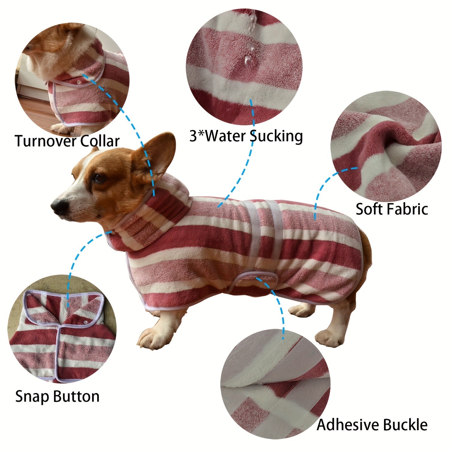 Quick Dry Dog Bathrobe Towel Coat – Super Absorbent Dog Drying Robe with Adjustable Strap