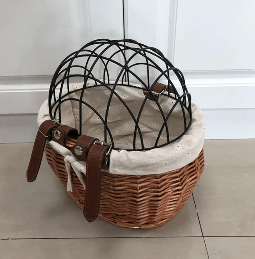 Front Dog Bike Basket | Handwoven Rattan Pet Carrier with Safety Lid