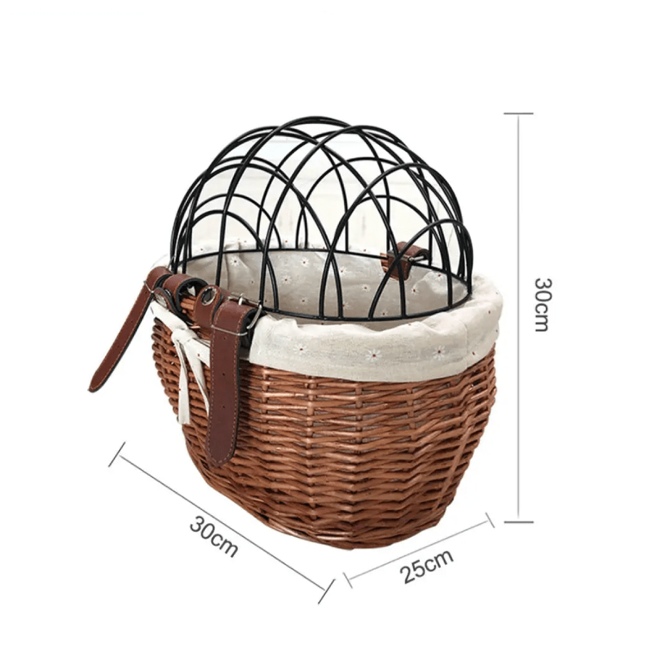 Front Dog Bike Basket | Handwoven Rattan Pet Carrier with Safety Lid