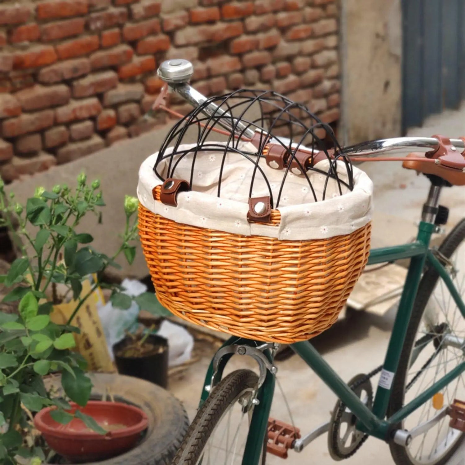 Front Dog Bike Basket | Handwoven Rattan Pet Carrier with Safety Lid