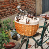 Front Dog Bike Basket | Handwoven Rattan Pet Carrier with Safety Lid