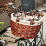 Front Dog Bike Basket | Handwoven Rattan Pet Carrier with Safety Lid
